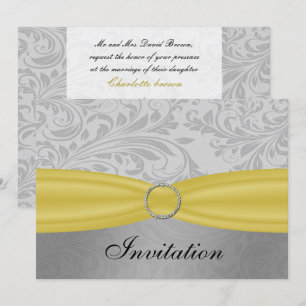 Grey Yellow FAUX ribbon diamante buckle Wedding Invitation
