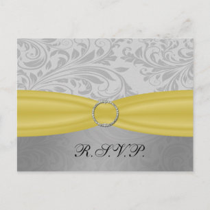 Grey Yellow  FAUX ribbon diamante buckle Wedding Invitation Postcard