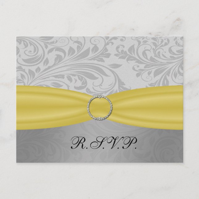 Grey Yellow  FAUX ribbon diamante buckle Wedding Invitation Postcard (Front)