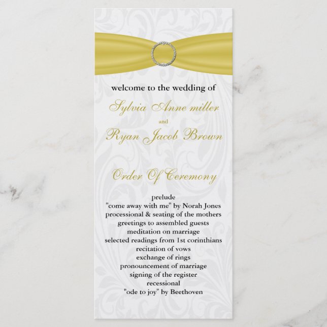 Grey Yellow  FAUX ribbon diamante buckle Wedding Programme (Front)