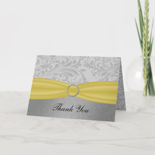 Grey Yellow  FAUX ribbon diamante buckle Wedding Thank You Card (Front)