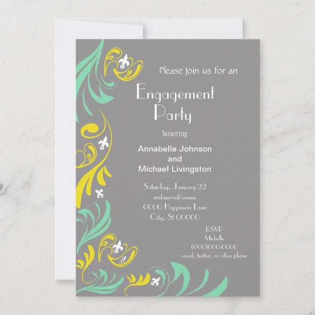 Grey Yellow Fleur de Lis Vine Engagement Party Invitation (Front)