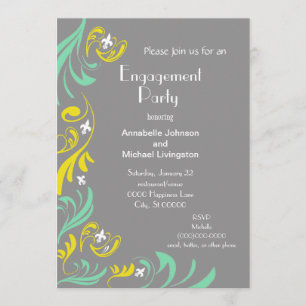 Grey Yellow Fleur de Lis Vine Engagement Party Invitation
