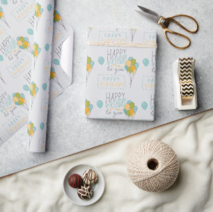 Grey Yellow Green Blue Happy Birthday Balloons Wrapping Paper