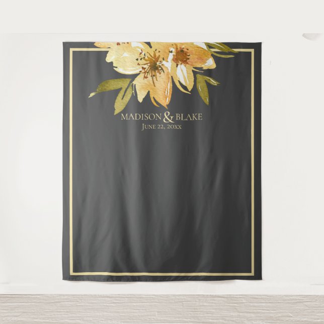 Grey Yellow Green Floral Wedding Photo Backdrop Tapestry (Front)