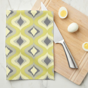 Grey Yellow Green Ochre Retro Ikat Art Tea Towel