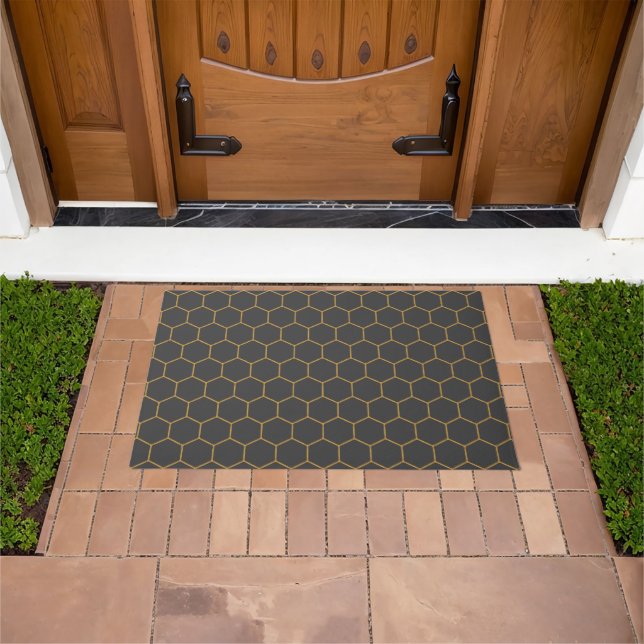 Grey Yellow Honeycomb Hexagon Pattern Trendy Plain Doormat (Outdoor)