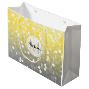 Grey yellow light sparkly bokeh abstract Monogram Large Gift Bag