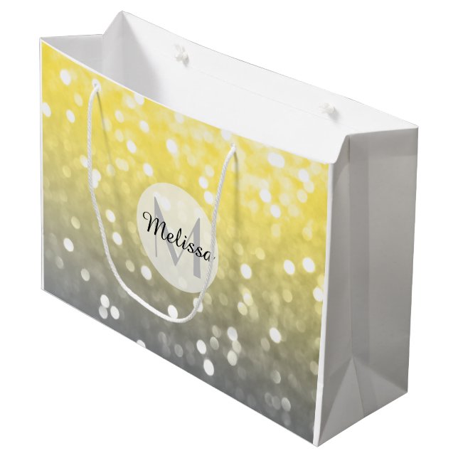 Grey yellow light sparkly bokeh abstract Monogram Large Gift Bag (Front Angled)