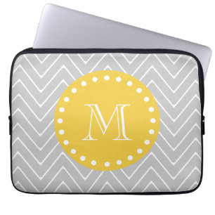 Grey & Yellow Modern Chevron Custom Monogram Laptop Sleeve