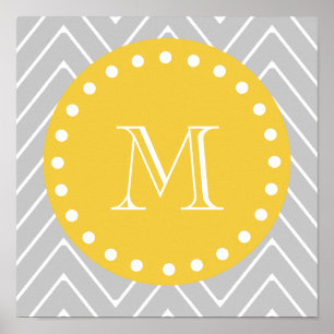 Grey & Yellow Modern Chevron Custom Monogram Poster