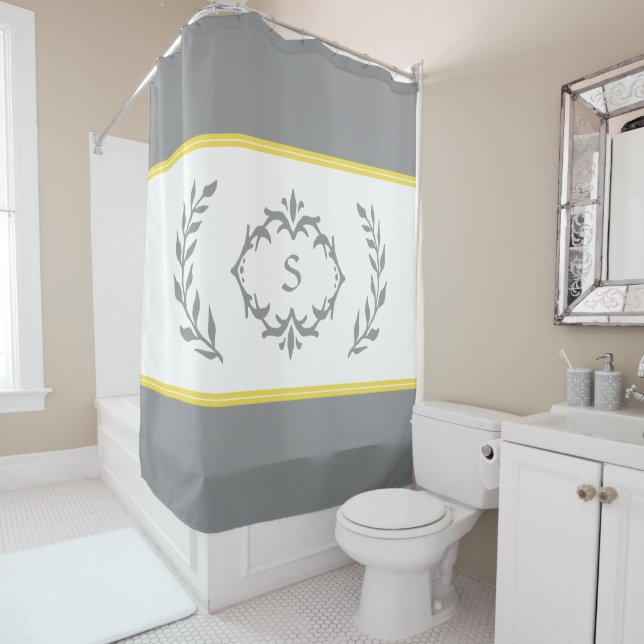 Grey Yellow Modern Monogrammed Initial Chic Wreath Shower Curtain (In Situ)
