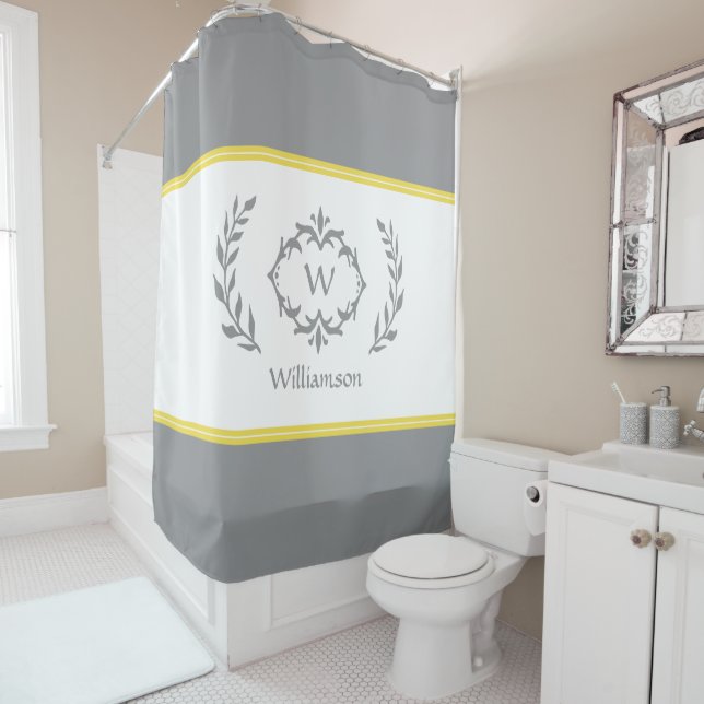 Grey Yellow Modern Monogrammed Initial Name Wreath Shower Curtain (In Situ)