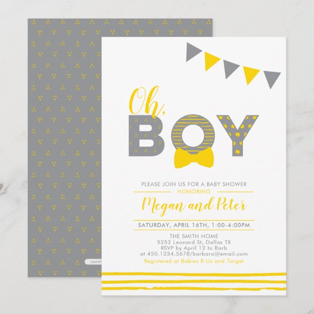 Grey & Yellow | Modern Typography Boy Baby Shower Invitation (Front/Back)