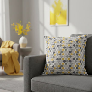 Grey Yellow Neutral Modern Geometric Hex Cushion