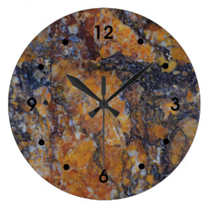 Grey Yellow Ochre Rust Marble Image Black Numbers Large Clock