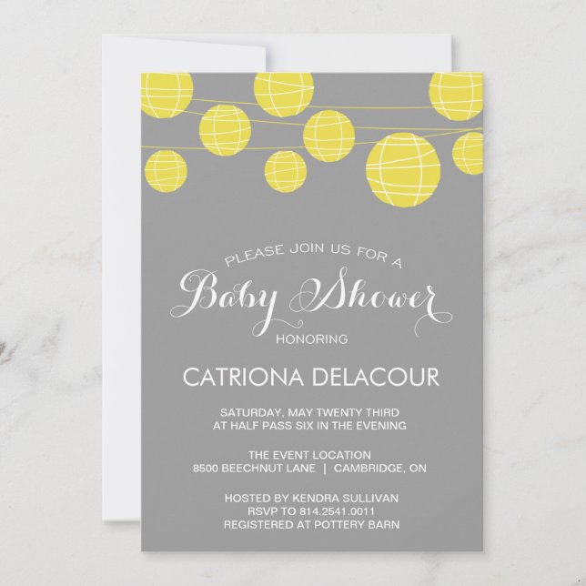 GREY YELLOW PAPER LANTERNS BABY SHOWER INVITATION (Front)