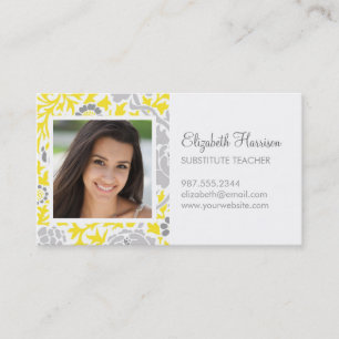 Grey & Yellow Retro Floral Damask Custom Photo Business Card