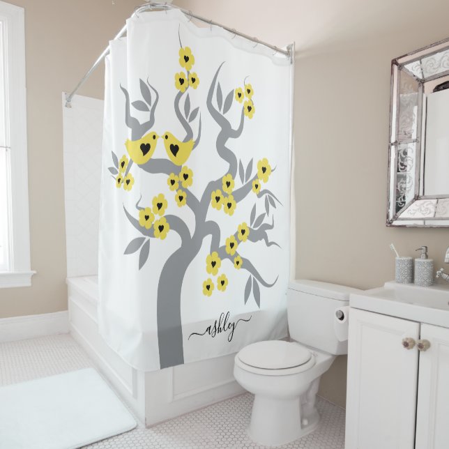 Grey yellow sakura cherry tree blossoms love birds shower curtain (In Situ)