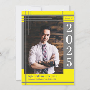 Grey Yellow School Colour Graduation Photo Plaid Invitation
