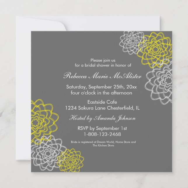 Grey/Yellow Sketched flowers Invitation (Front)