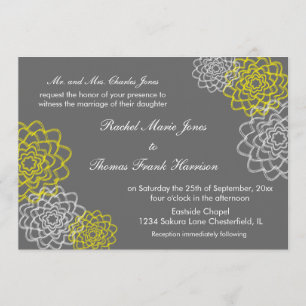 Grey/Yellow Sketched flowers Wedding Invite