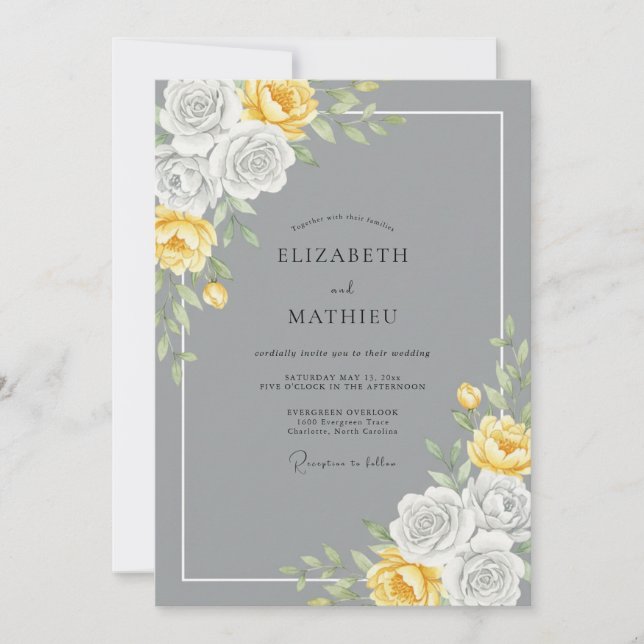 Grey Yellow Soft Rose Wedding Invitation (Front)