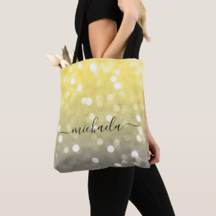 Grey yellow sparkly bokeh Custom name Tote Bag