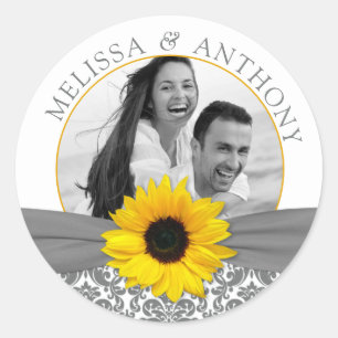 Grey Yellow Sunflower Photo Wedding Save Date Classic Round Sticker