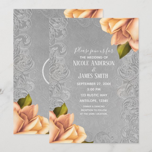 Grey Yellow Vintage Antique Rose Elegant Wedding Invitation (Front/Back)
