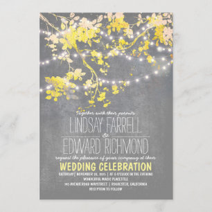Grey yellow wedding invitation with string lights