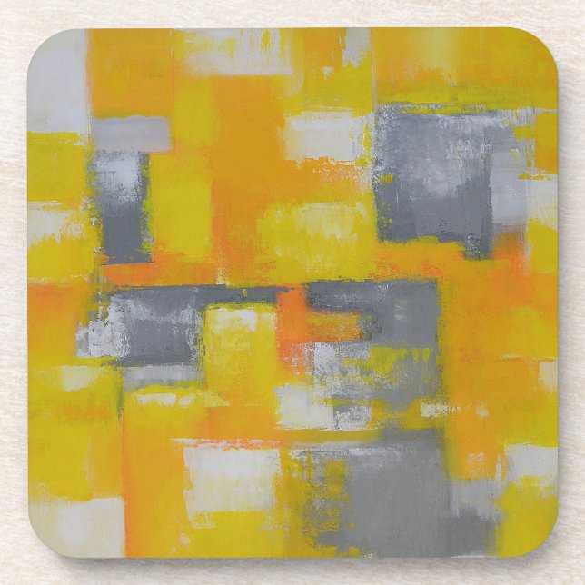 grey yellow white abstract art painting coaster (Front)