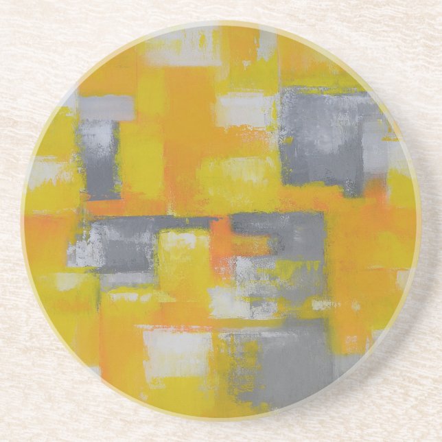 grey yellow white abstract art painting coaster (Front)