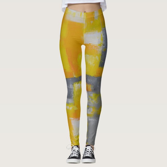 grey yellow white abstract art painting leggings (Front)