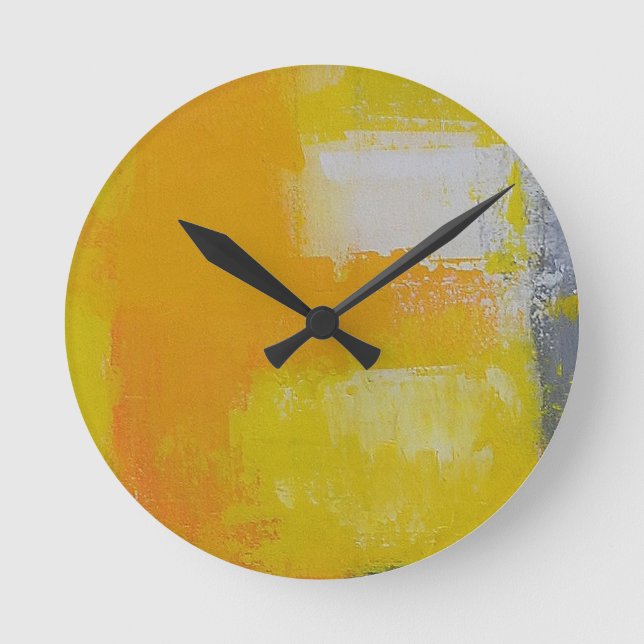 grey yellow white abstract art painting round clock (Front)
