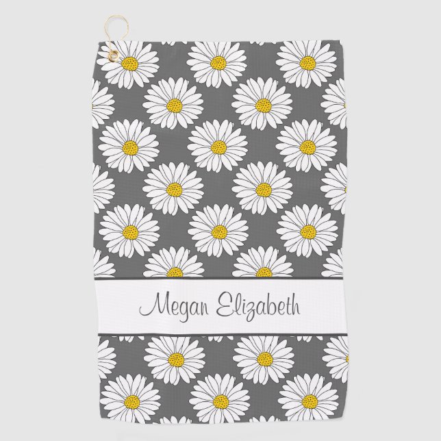 Grey Yellow White Daisy Pattern Golf Towel (Front)