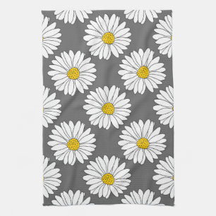 Grey Yellow White Daisy Pattern Tea Towel