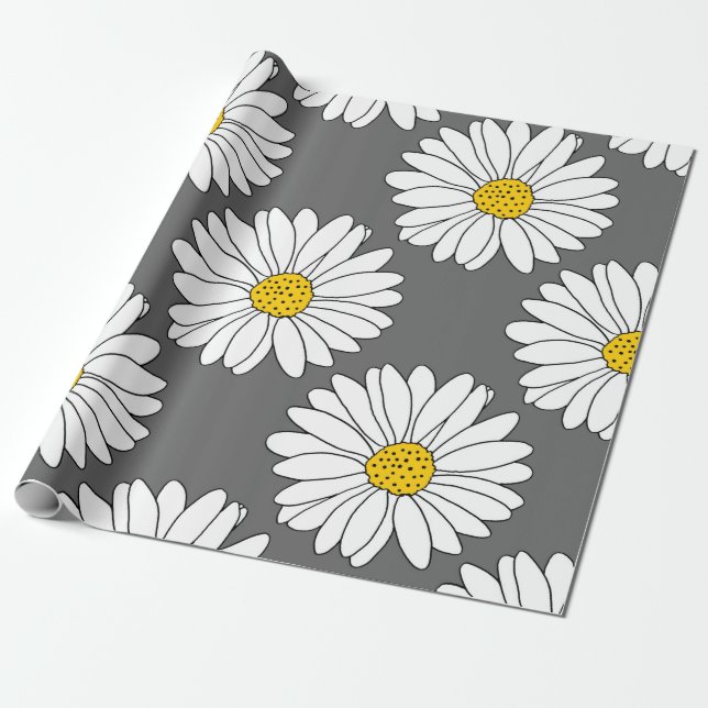 Grey Yellow White Daisy Pattern Wrapping Paper (Unrolled)