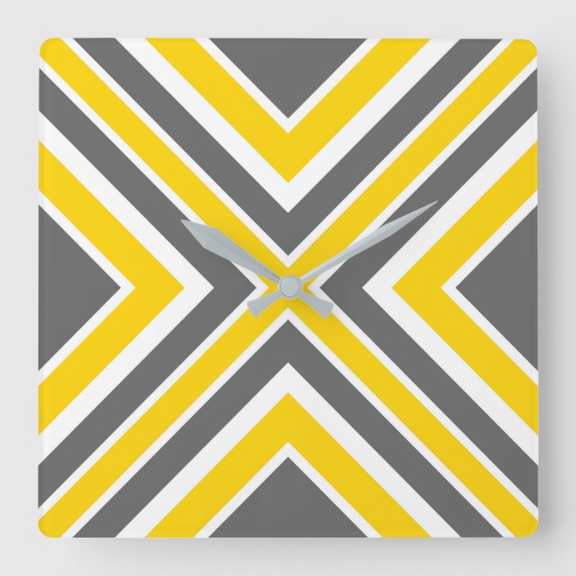 Grey Yellow White Geometric Square Wall Clock (Front)