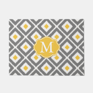 Grey, Yellow, White Ikat Diamond Pattern Doormat