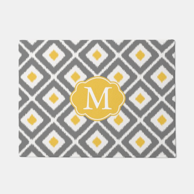 Grey, Yellow, White Ikat Diamond Pattern Doormat (Front)
