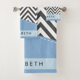 Grey Zigzag, Grey Chevron, Blue, Your Name Bath Towel Set