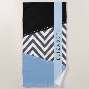 Grey Zigzag, Grey Chevron, Blue, Your Name Beach Towel