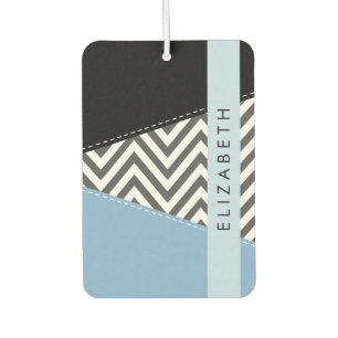 Grey Zigzag, Grey Chevron, Blue, Your Name Car Air Freshener