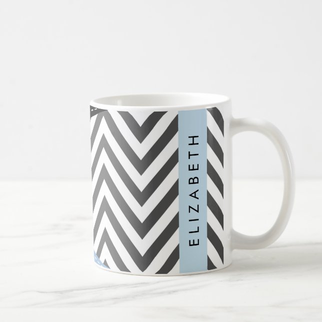 Grey Zigzag, Grey Chevron, Blue, Your Name Coffee Mug (Right)