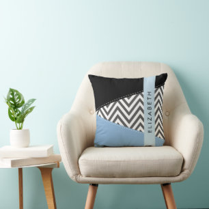 Grey Zigzag, Grey Chevron, Blue, Your Name Cushion