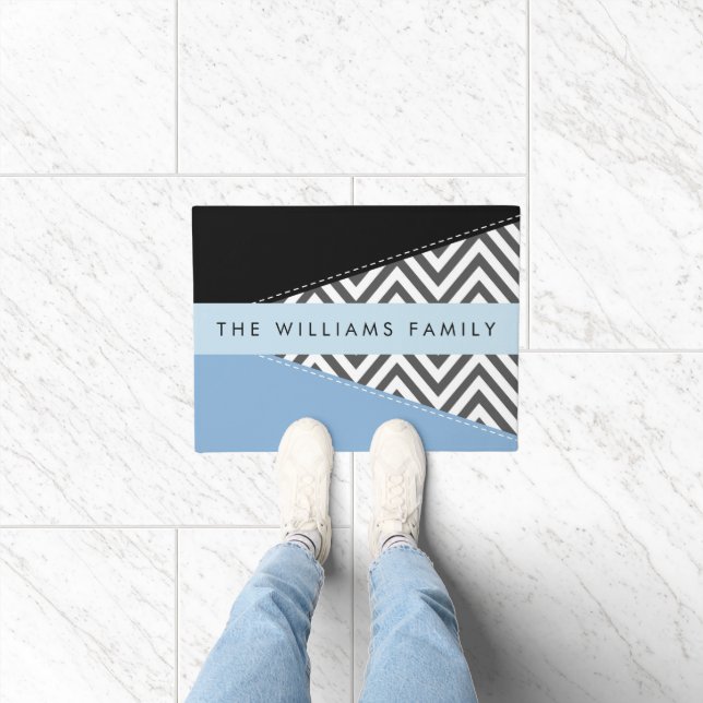 Grey Zigzag, Grey Chevron, Blue, Your Name Doormat (Indoor)