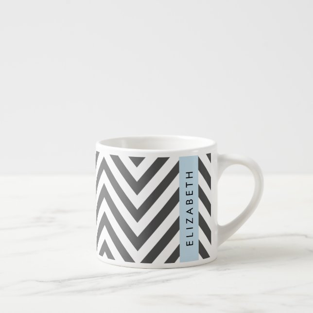 Grey Zigzag, Grey Chevron, Blue, Your Name Espresso Cup (Right)