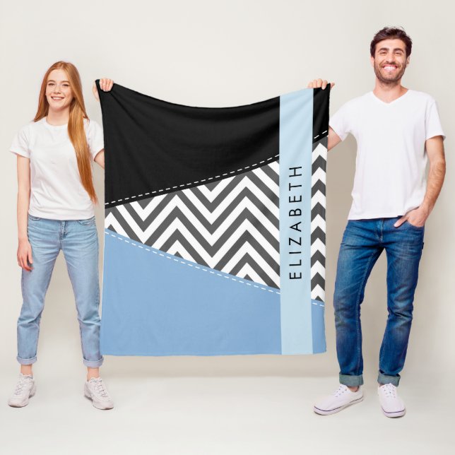 Grey Zigzag, Grey Chevron, Blue, Your Name Fleece Blanket (In Situ)