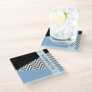 Grey Zigzag, Grey Chevron, Blue, Your Name Glass Coaster